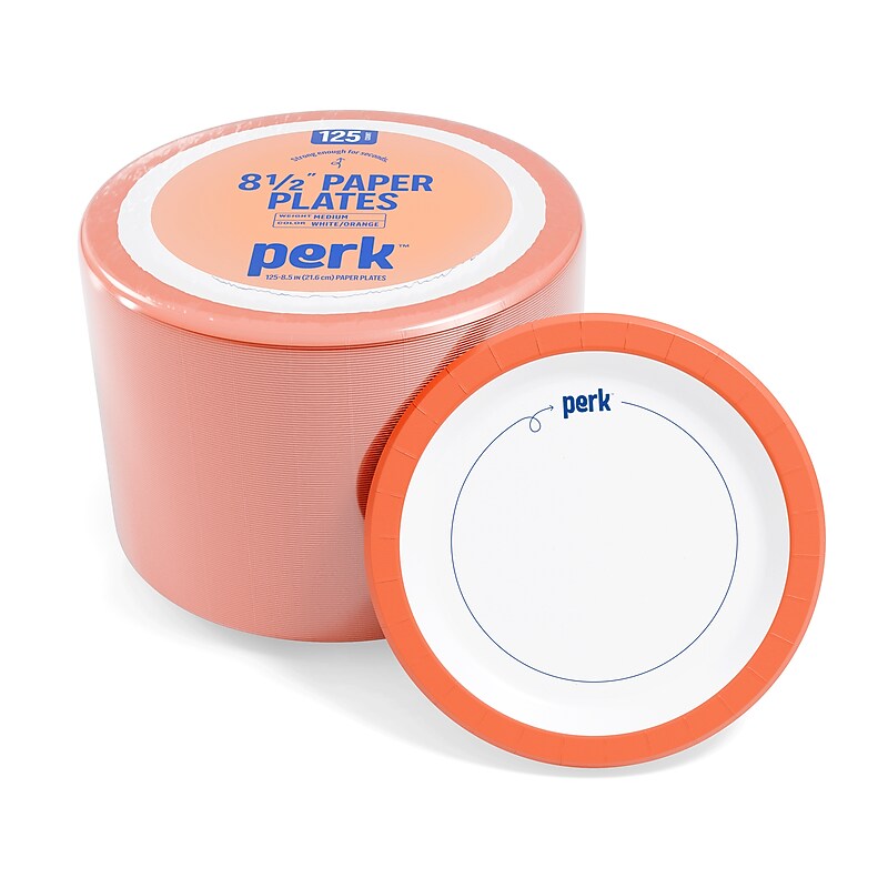 Perk™ Medium-Weight Paper Plates, 8.5", White/Orange, 125/Pack (PK54329) image 1