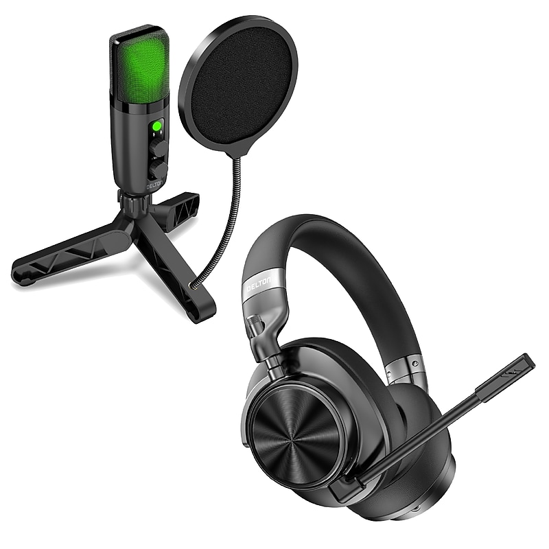Delton M320 RGB Condenser Microphone and ANC Bluetooth Computer Headphones Podcast & Recording Kit, Black (DRU3000BD3) image 1