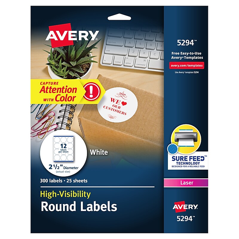 Avery High Visibility Laser Shipping Labels, 2.5"Dia., White, 300/Pack  (5294) image 1