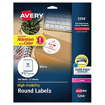 Avery High Visibility Laser Shipping Labels, 2.5"Dia., White, 300/Pack (5294)
