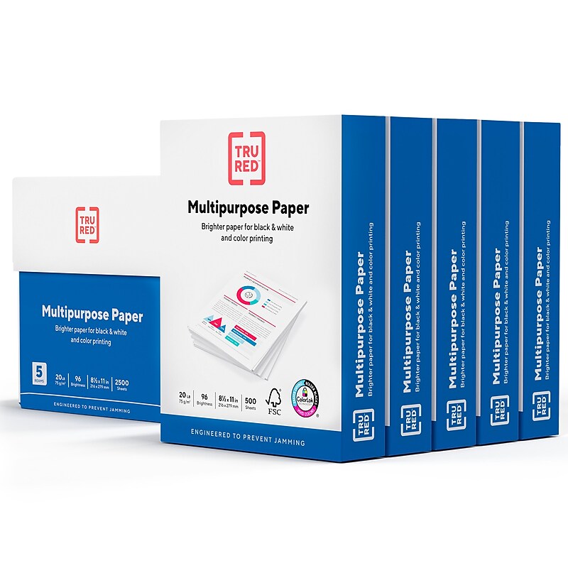 TRU RED™ 8.5" x 11" Multipurpose Paper, 20 lbs., 96 Brightness, 500 Sheets/Ream, 5 Reams/Carton (TR56963) image 1