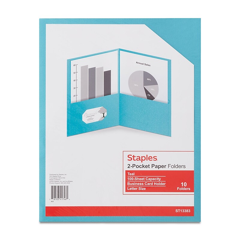 Staples 10% Recycled Smooth 2-Pocket Paper Presentation Folder, Teal, 10/Pack (13383-US) image 1