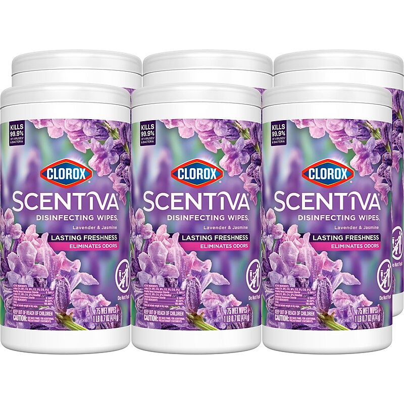 Clorox Scentiva Disinfecting Wipes, Lavender and Jasmine Scent, 75 Wipes/Container, 6/Carton (60040CT) image 1
