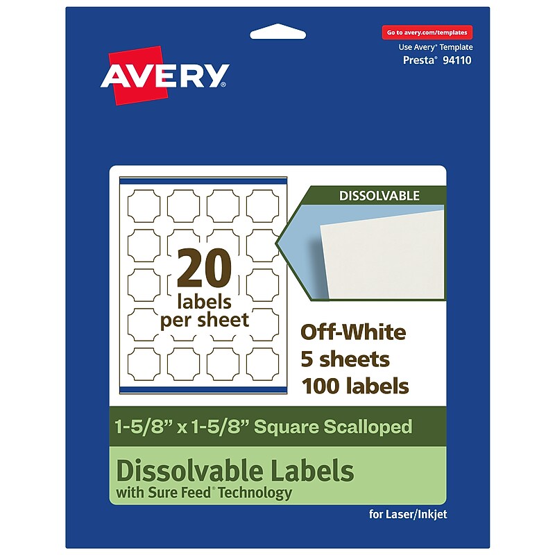 Avery Dissolvable Decorative Edge Multipurpose Labels, 1-5/8" x 1-5/8", Off-white, 100/Pack (94110) image 1
