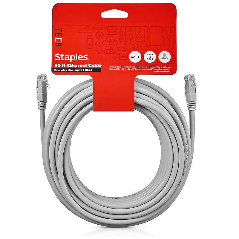 Staples TECH 50' Cat-6 Ethernet Cable, Male to Male, Gray (ST62447) image 1