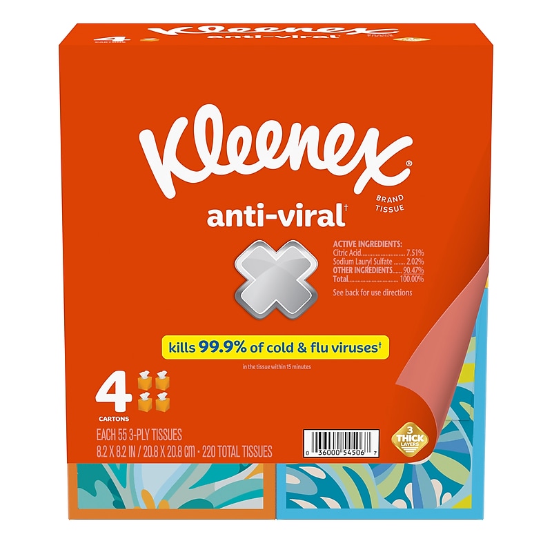Kleenex Antiviral Facial Tissue, 3-ply, 55 Tissues/Box, 4 Boxes/Pack (54506) image 1