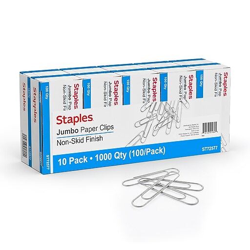 Staples Jumbo Paper Clips, Silver, 100 Clips/Pack, 10 Packs