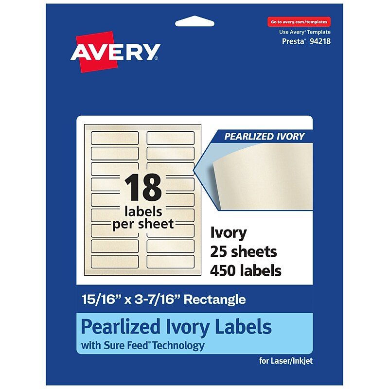Avery Pearlized Ivory Rectangle Multipurpose Labels, 15/16" x 3-7/16", Ivory, 450/Pack (94218) image 1