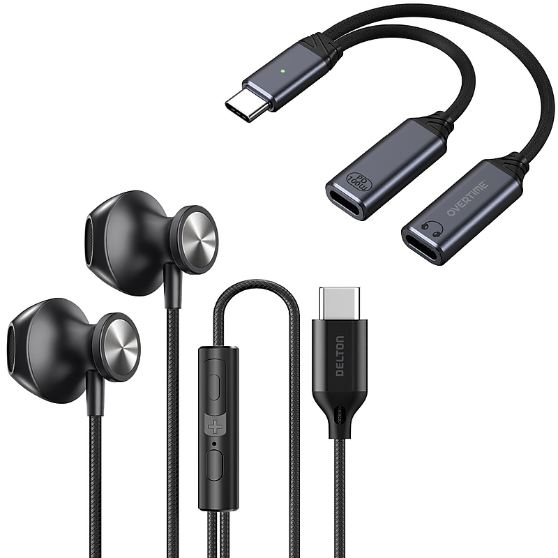 Delton 15EC Wired Earbuds & 2-in-1 USB-C Splitter Adapter Bundle, Black (DWH15ECKT1) image 1
