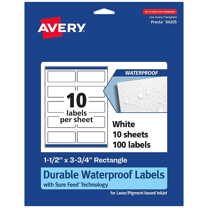 Avery Laser/Inkjet Rectangle Multipurpose Labels, 1.5" x 3.75", White, 100 Labels/Pack (94205) image 1