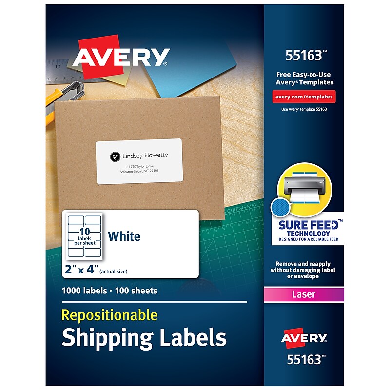 Avery Repositionable Laser Shipping Labels, 2" x 4", White, 1,000 Labels/Box (55163) image 1