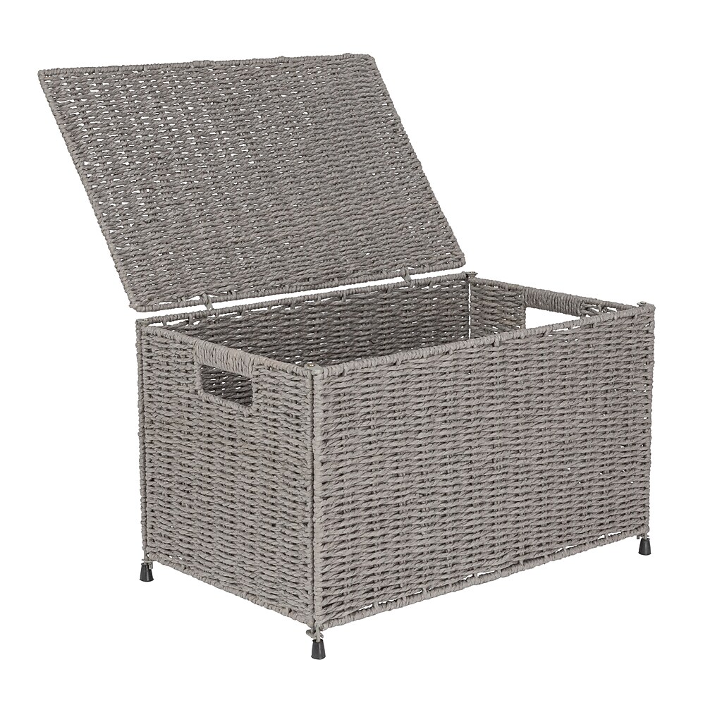 Open grey wicker storage chest with hinges