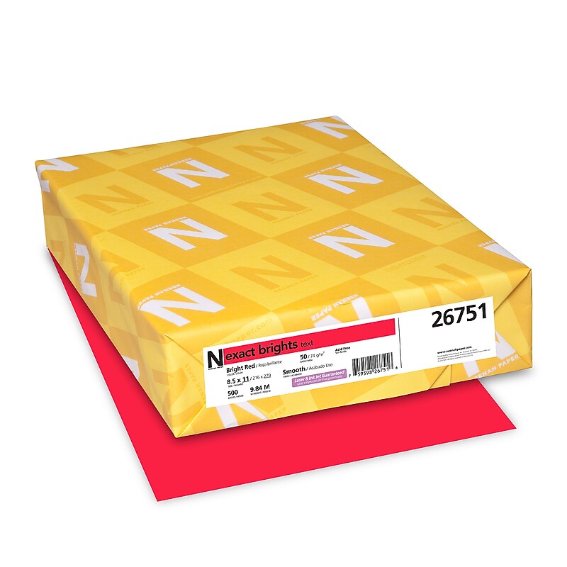 Exact Brights 8.5" x 11" Writing Paper, 20 lbs., Bright Red, 500 Sheets/Ream, 10/Ream (WAU26751CT) image 1