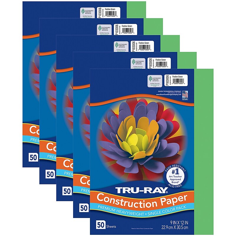 Tru-Ray 9" x 12" Construction Paper, Festive Green, 50 Sheets/Pack, 5 Packs/Bundle (PAC103006-5) image 1