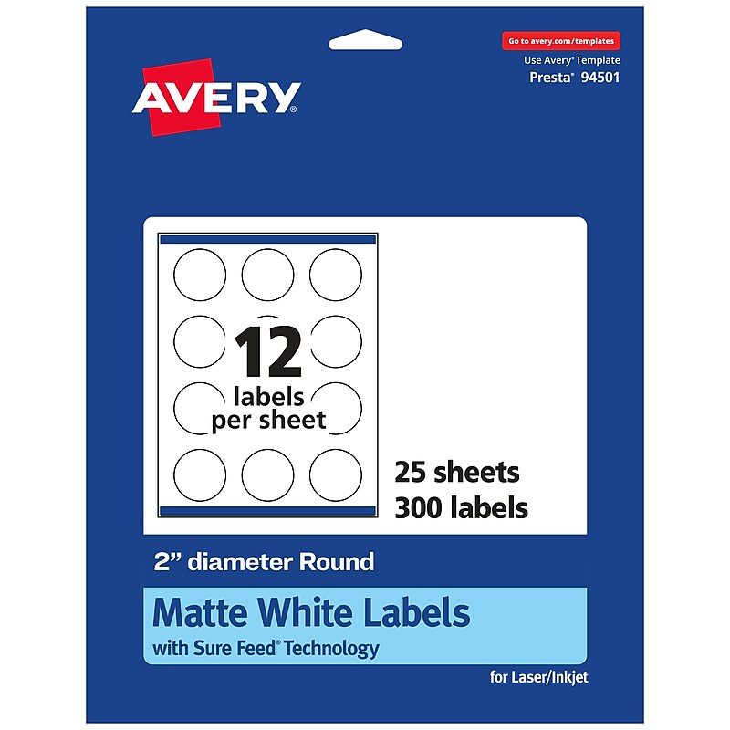 Avery Laser/Inkjet Round Multipurpose Labels, 2" Dia, Matte White, 300 Labels/Pack (94501) image 1