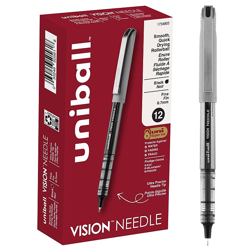 uni-ball Vision Needle Rollerball Pens, Fine Point, 0.7mm, Black Ink, Dozen (1734903) image 1