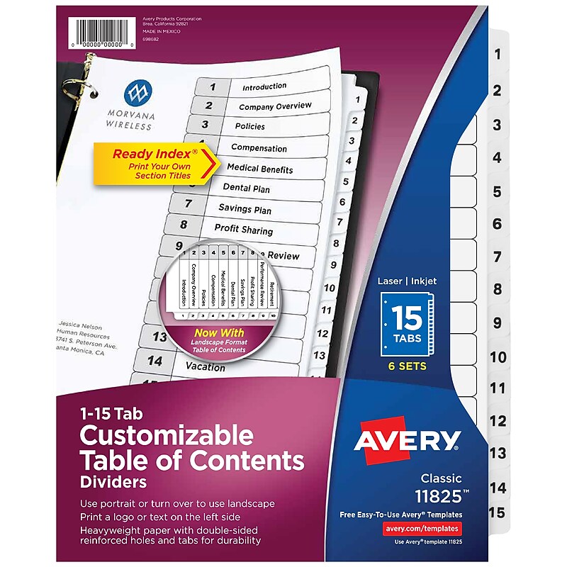 Avery Ready Index Table of Contents Paper Dividers, 1-15 Tabs, White, 6 Sets/Pack (11825) image 1