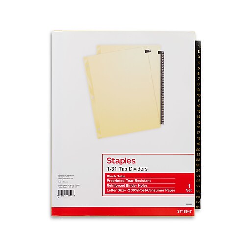 Staples Numeric Leather Dividers, 31Tab, Black (18947/11485) Staples