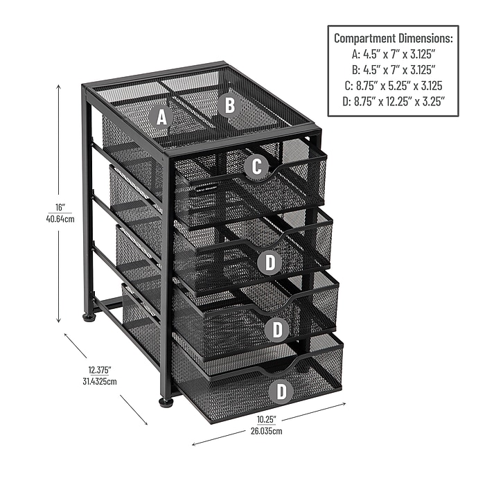 Mind Reader 4-Drawer Desktop Storage, Metal Mesh, Black
