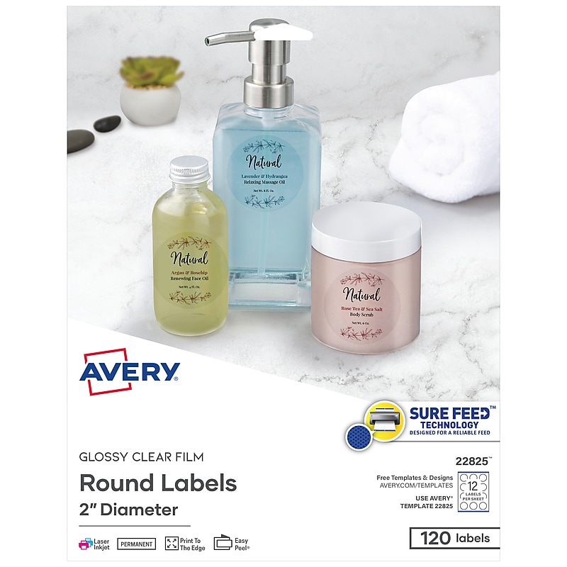 Avery Print-to-the-Edge Laser/Inkjet Round Labels, 2" Dia, Glossy Clear, 120 Labels/Pack (22825) image 1