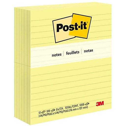 Postit Notes, 3" x 5", Canary Collection, Lined, 100 Sheet/Pad, 12