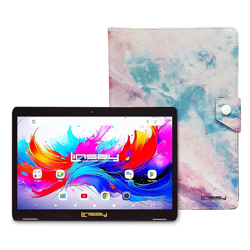 LINSAY F10 Series 10.1" Tablet, Wi-Fi, Octa Core, 256GB eMMC, Android 15, Pink Marble Case (F10IPGCMPIPLUS) image 1