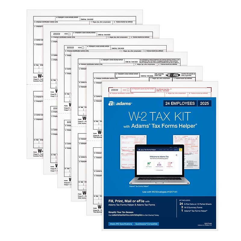 Adams 2025 W-2 Tax Forms, Includes W-3 Forms, 6-Part, 2-Up, 24/Pack (STAX6241-25) image 1