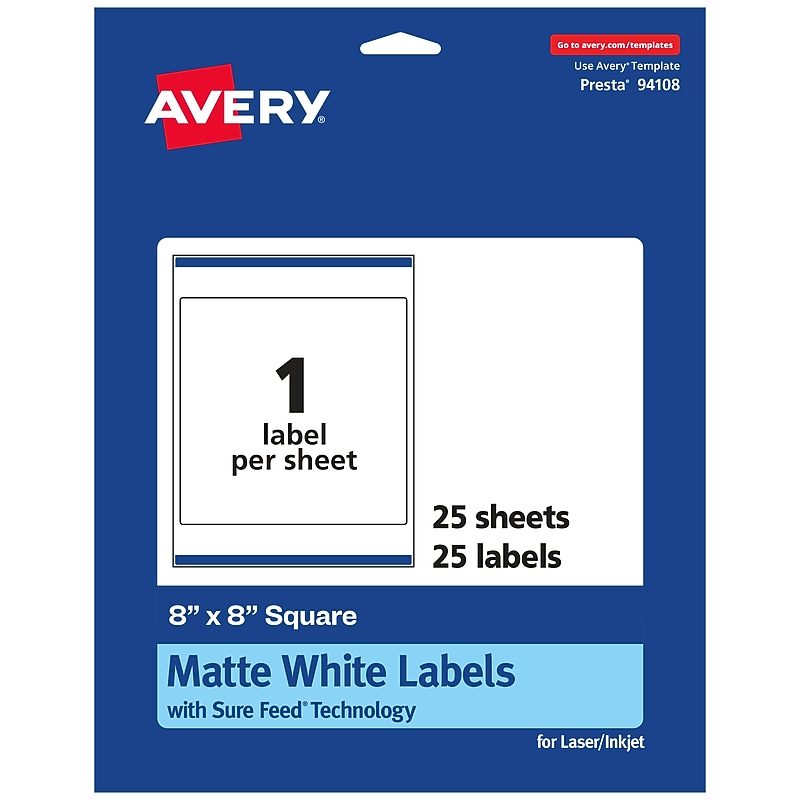 Avery Laser/Inkjet Multipurpose Labels, 8"  x 8", Matte White, 25/Pack (94108) image 1