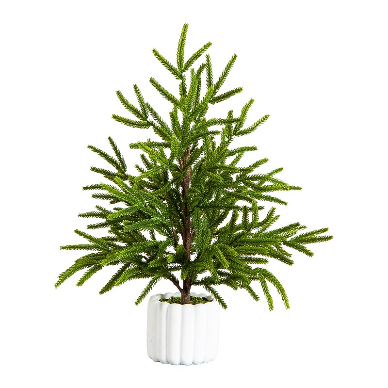Nearly Natural Artificial Real Touch Norfolk Island Pine in White Decorative Planter, 22" (T5383) image 1