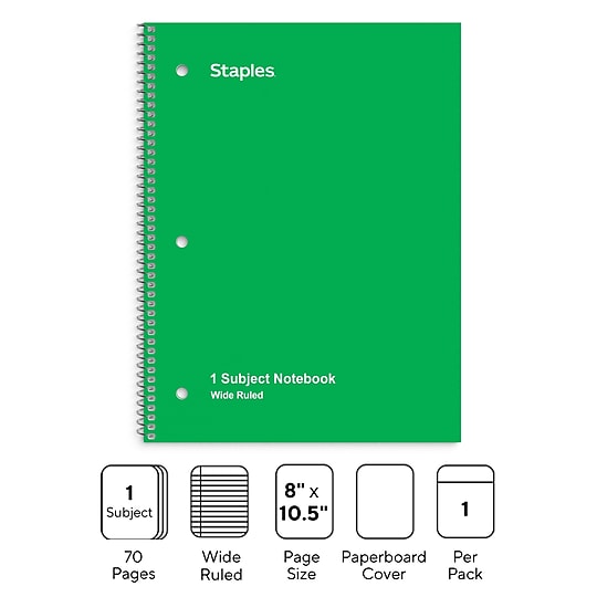 STAPLES 1‑Subject Notebook, 8” x 10.5”, Wide Ruled, 70 Sheets, Green~#|#~56A629F5-0442-4477-9270B61E1FB5A186_sc7