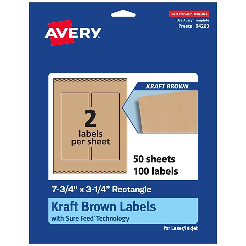 Avery Laser/Inkjet Rectangle Multipurpose Labels, 7.75" x 3.25", Kraft Brown, 100 Labels/Box ( 94260) image 1