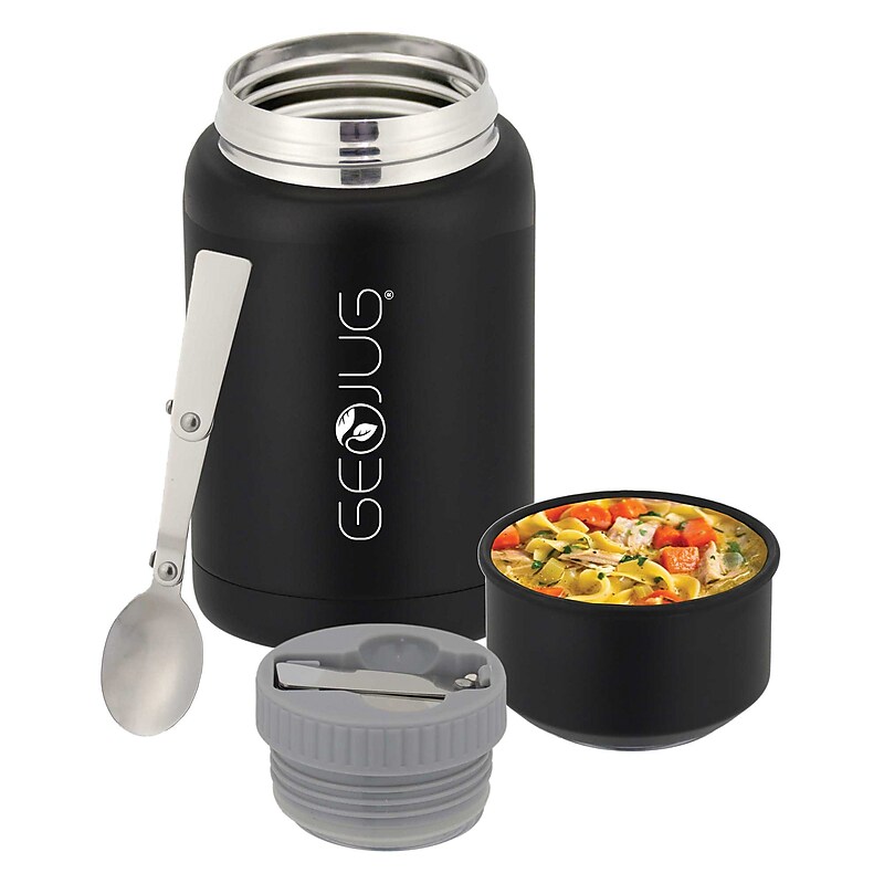 Brentwood Geojug Stainless Steel Double Walled Food Jar with Bowl & Folding Spoon, 17 oz., Black (FTS-500BK) image 1