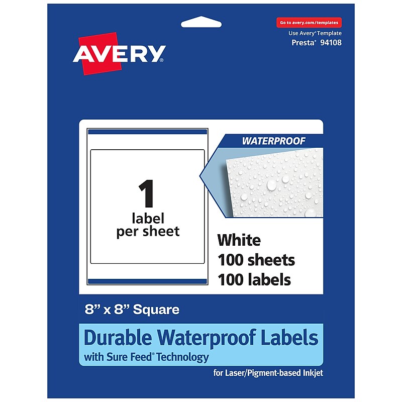 Avery Laser/Inkjet Waterproof Square Labels, 8" x 8", White, 100 Labels/Box (94108) image 1