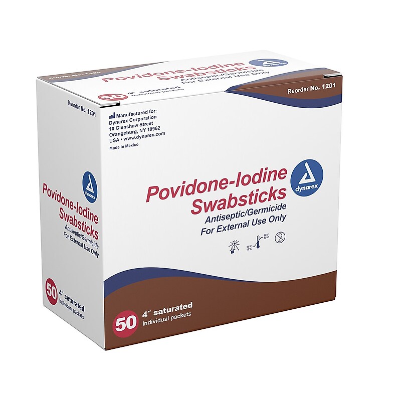 Dynarex 10% Povidone-Iodine Antiseptic Swab Sticks, 50/Pack, 5 Packs/Case (1201) image 1