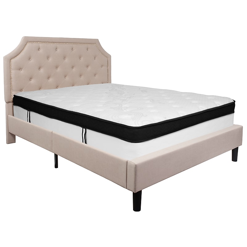 Flash Furniture Brighton Tufted Upholstered Platform Bed in Beige Fabric with Memory Foam Mattress, Queen (SLBMF3) image 1