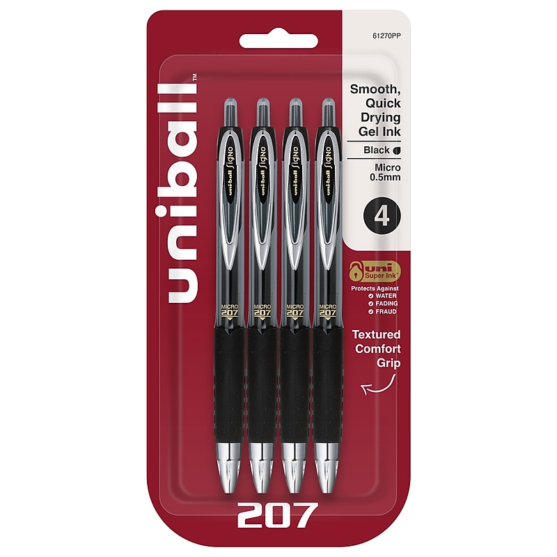 uni-ball 207 Retractable Gel Pens, Micro Point, Black Ink, 4/Pack (61270) image 1