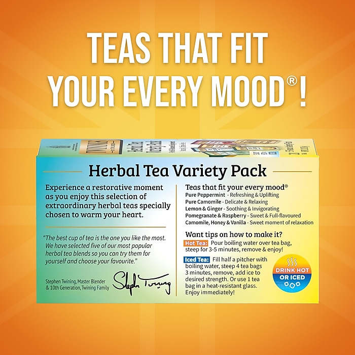 Twinings Variety Caffeine Free Herbal Tea Bags, 20/Box (F08666