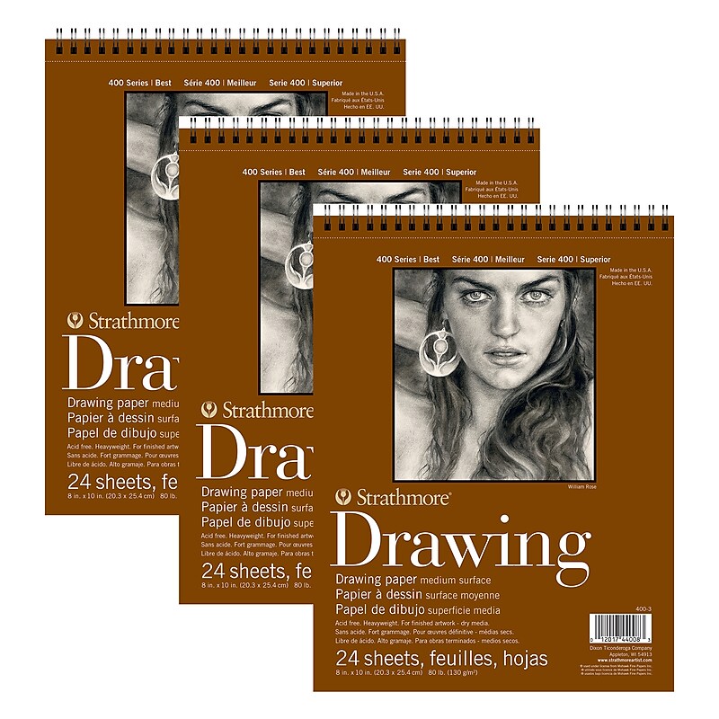 Strathmore 400 Series 8" x 10" Wire Bound Drawing Sketch Pad, 24 Sheets/Pad, 3/Bundle (STTP400306-3) image 1