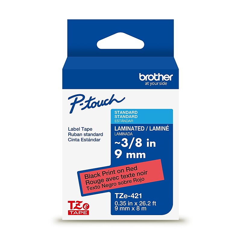 Brother P-touch Laminated Label Tape, ~3/8" x 26.2', Black on Red (TZe421) image 1
