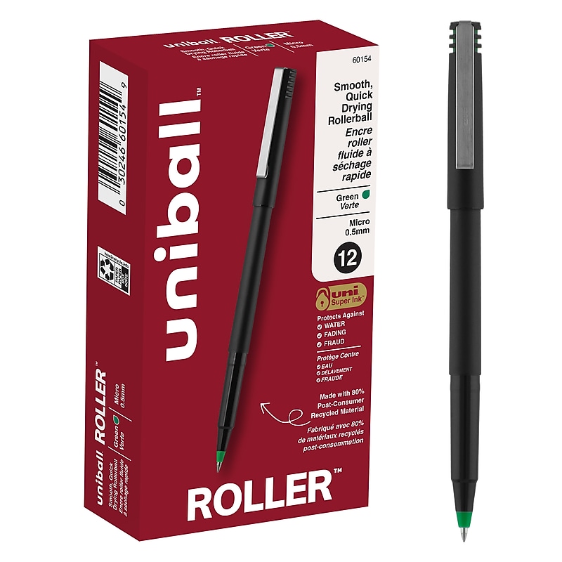 uni-ball Roller Pen, Micro Point, 0.5mm, Green Ink, Dozen (60154) image 1