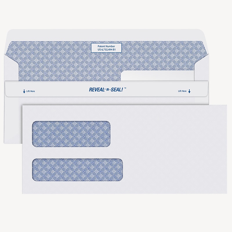 Staples Reveal-N-Seal Security Tinted #10 Double Window Envelopes, 4 1/8" x 9 1/2", White, 500/Box (1017264) image 1
