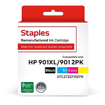 Staples Remanufactured Black High Yield and Tri-Color Standard Ink Cartridge Replacement for HP 901XL/901 (STCZ722FN2PK), 2/Pack
