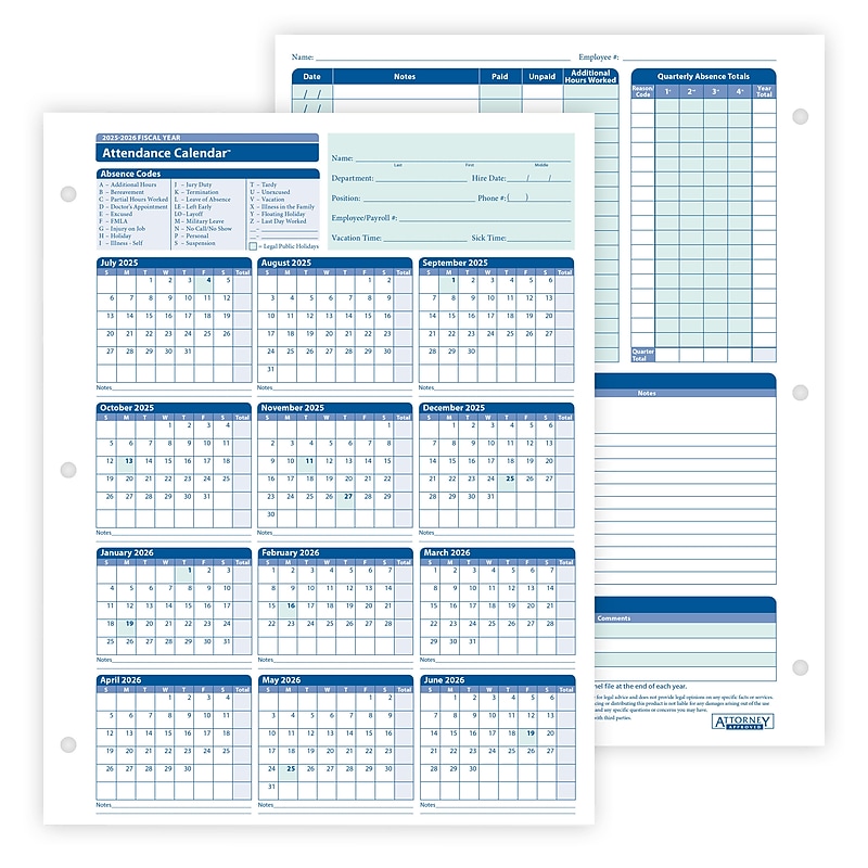 ComplyRight 2025-2026 Fiscal Year Attendance Calendar Cards, 50/Pack (A42005015) image 1