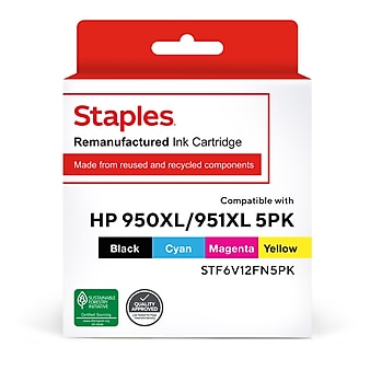 Staples Remanufactured Black/Cyan/Magenta/Yellow High Yield Ink Cartridge Replacement for HP 950XL/951XL (STF6V12FN5PK), 5/Pack
