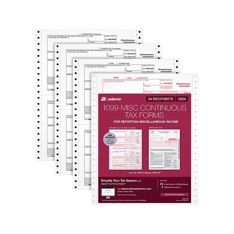 Adams 2024 1099-MISC Tax Form, 4-Part, 2-Up, Copy A, 1, B, 2, 24/Pack (STAX524MISC-24) image 1
