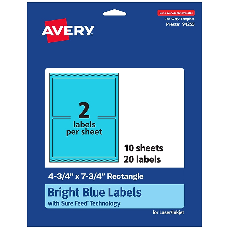 Avery Printable Rectangle Multipurpose Labels, 4.75" x 7.75", Bright Blue, 20/Pack (94255) image 1