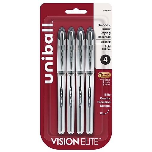 uni-ball Vision Elite Rollerball Pen, Bold Point, 0.8mm, Black Ink, 4/Pack (67180)