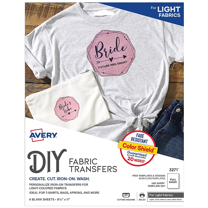 Avery Printable Heat Iron On Transfer Paper for Light Fabrics, 8 1/2" x 11" (3271) image 1
