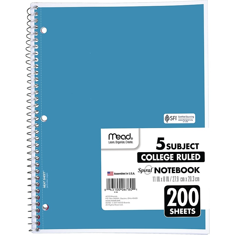 Mead 5-Subject Notebook, 8.5" x 11", College Ruled, 200 Sheets, Assorted Colors (06780) image 1