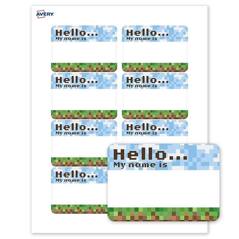 Avery Adhesive Name Tags, Pre-printed Pixel Hello Design image 1